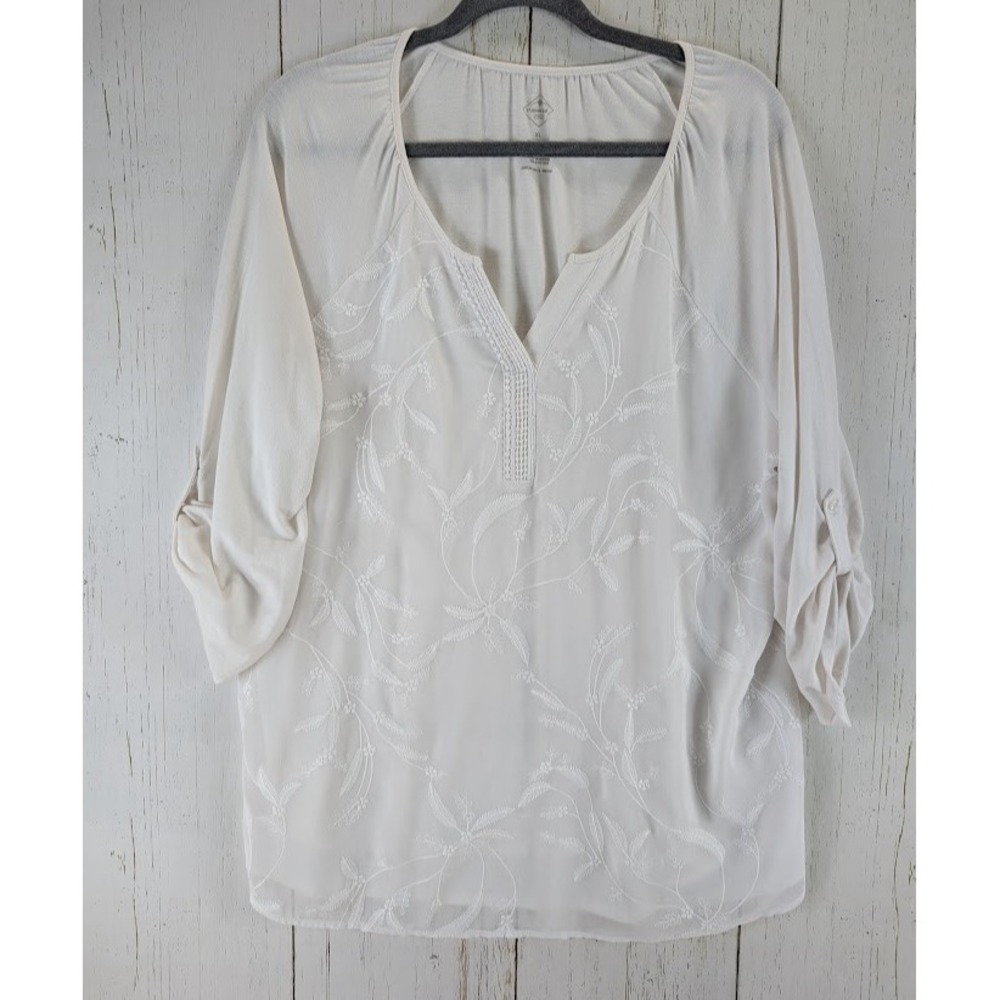 St Johns Bay Size XL Ivory Floral Embroidered Womens Roll Up Sleeve Blouse